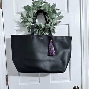 Victoria's Secret Black Faux Leather Tote Bag Large Shopper Handbag Vegan Tassel